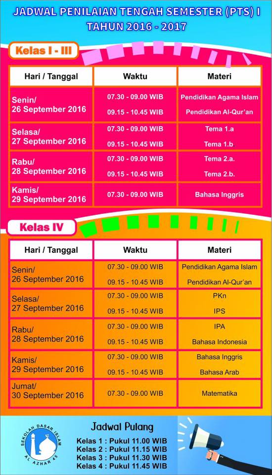 Jadwal Penilaian Tengah Semester SD Islam Al-Azhar 45 Palembang
